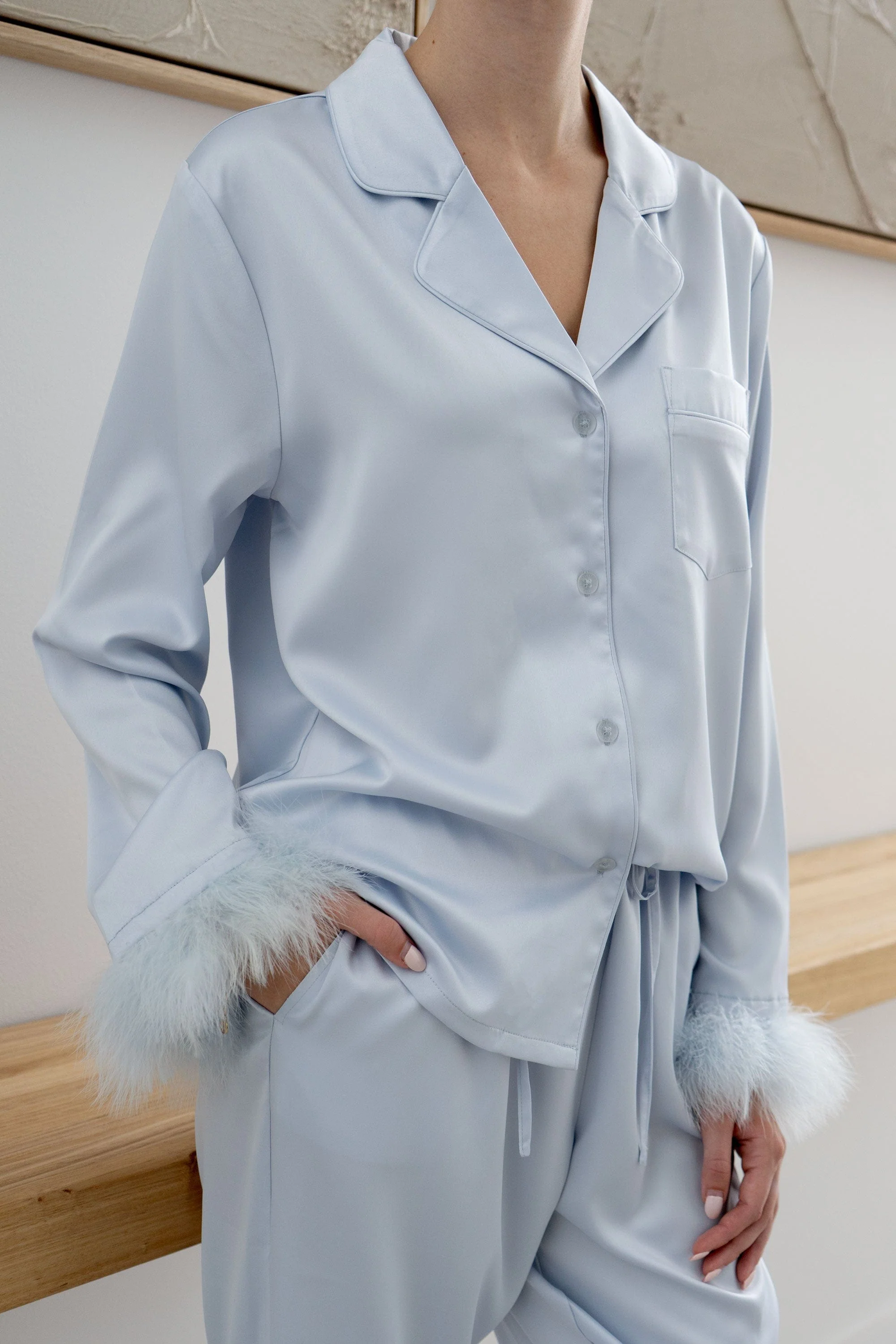 Taylor Satin Feather Bridal Pyjama Set Soft Blue - Image 11